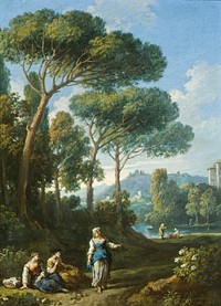 One of a Pair of Views of the Roman Campagna with Figures Conversing by Jan Frans van Bloemen  Antwerp 1662 1749 active Italy Rome