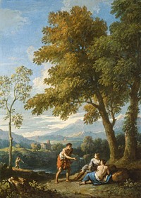One of a Pair of Views of the Roman Campagna with Figures Conversing by Jan Frans van Bloemen  Antwerp 1662 1749 active Italy Rome
