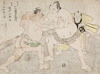 Wrestlers Kajigahama Rikiemon of the Eastern Group and Sekinoto Hachirōji of the Edo tea, with the Umpire Kimura Shōnosuke by Katsukawa Shunshō