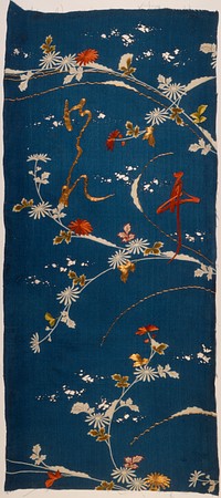 Kosode (Kimono) Fragment with Chrysanthemums, Snow, and Characters