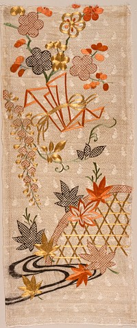Kosode (Kimono) Fragment with Plum Blossoms, Noshi, Wisteria, Maple Leaves, Bamboo, (...?), and Water