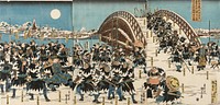 The Night Attack in The Storehouse of Loyal Retainers: The Twenty-four Major Retainers and the Twenty-three Minor Retainers Assemble at Ryōgoku Bridge by Utagawa Kunisada