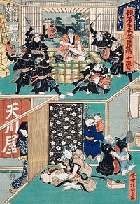 Act X: Gihei, Proving His Loyalty, Defies the Rōnin to Move Him; Gihei Writing a Letter of Divorce before His Father-in-Law by Utagawa Kunisada