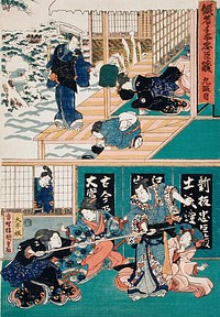 Act IX: Oishi Disguises Yuranosuke as a Komusō (Flute-Playing Monk); Oishi Attacks Honzō for Having Brought about Enya's Demise by Utagawa Kunisada