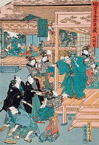 Act VII: Yuranosuke, Feigning Disinterest on the Anniversary of His Master's Death, Playing Blind-Man's Buff; Yuranosuke Receiving Fish, Forbidden on a Death Anniversary, from the Spy Kudayū by Utagawa Kunisada