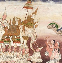 Prince Vessantara Gives Away His White Elephant, Scene from Vessantara Jataka on Generosity