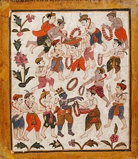 Krishna and the Cowherds Receiving Garlands in Mathura, Folio from the "Tularam"  Bhagavata Purana (Ancient Stories of the Lord)