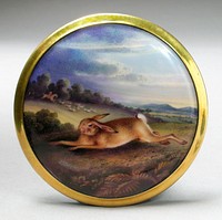 Snuff Box Lid:  'Hare Coursing' by Chamberlain s Factory and Humphrey Chamberlain Jr