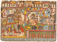 Arjuna Kicks Babhruvahana on the Chest for His Unheroic Act (recto), Babhruvahana Surrenders the Sacrificial Horse Syamakarna to His Father Arjuna (verso), Scenes from the Story of Babhruvahana, Folio from a Mahabharata ([War of the] Great Bharatas)