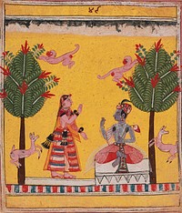 Radha's Confidante Meets with Krishna (Arudhayauvana Madhya), Folio from a Rasikapriya (The Connoisseur's Delights)