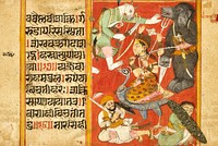 Vaishnavi and Varahi Fighting Asuras (Recto), Kumari Fighting Asuras (Verso), Folio from a Devimahatmya (Glory of the Goddess)