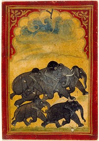 Five Galloping Elephants, Number Six of the Gajpati (Lord of Elephants) Suit, Playing Card from a Mughal Ganjifa Set