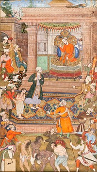 The Vizier Pleads for the Life of the Robber’s Son (recto), Calligraphy (verso), Folio from a Manuscript of Sa'di's Gulistan (Rose Garden) by Basawan