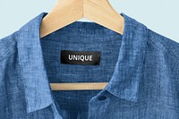 Clothing label mockup, blue linen shirt