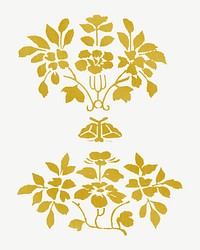 Vintage floral illustration, gold collage element psd