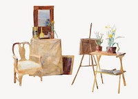 In the atelier, vintage painting spot illustration by Maria Wiik. Remixed by rawpixel.