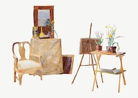 In the atelier, vintage painting spot illustration by Maria Wiik psd. Remixed by rawpixel.