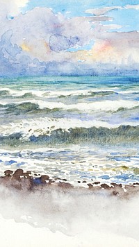 Sea view iPhone wallpaper, watercolor painting. Remixed from George Elbert Burr artwork, by rawpixel.