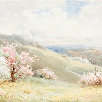 Spring nature background in watercolor. Remixed from Joseph Rubens Powell artwork, by rawpixel.