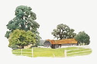 Farm view watercolor illustration element psd. Remixed from Alfred Parsons artwork, by rawpixel.