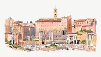 Mediterranean village watercolor illustration element psd. Remixed from George Elbert Burr artwork, by rawpixel.