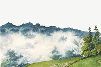 Mountain landscape mist watercolor border psd. Remixed from Friedrich Carl von Scheidlin artwork, by rawpixel.