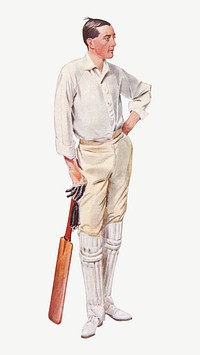 Cricket player watercolor illustration element psd. Remixed from vintage artwork by rawpixel.