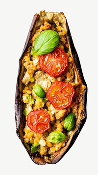 Stuffed roasted eggplants with tomatoes and fresh basil collage element psd
