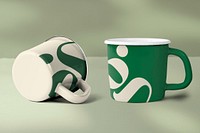 Green printed mug mockup psd with G alphabet