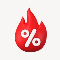 Red flame 3D, flash sale icon illustration with percent sign psd