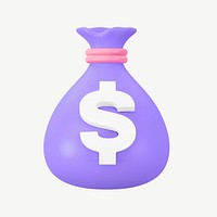 3D purple money bag, collage element psd