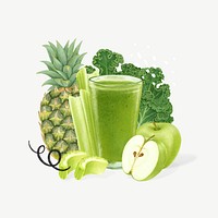 Green cold-pressed juice, healthy drink collage element psd