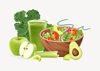 Healthy salad bowl, celery apple juice, diet food illustration