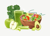 Healthy salad bowl, celery apple juice, diet food illustration psd