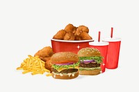 Fast food set, fried chicken, burgers & fries illustration psd