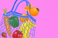 Fruit & vegetables background, grocery shopping bag illustration