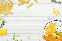 Fish and chips background, wooden table illustration