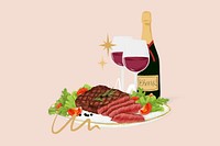 Steak and red wine, delicious  dinner illustration