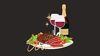 Steak and wine computer wallpaper, delicious dinner illustration