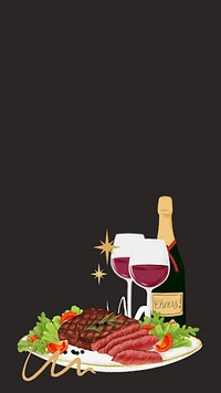 Steak and wine phone wallpaper, delicious dinner illustration