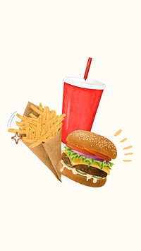 Cheeseburger & fries iPhone wallpaper, fast food illustration