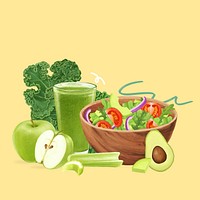 Healthy salad bowl, celery apple juice, diet food illustration