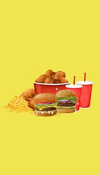 Yummy fast food phone wallpaper, burger, fried chicken & fries