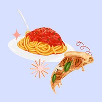 Spaghetti and pizza, Italian food illustration