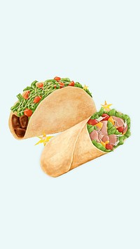 Salad wrap & taco phone wallpaper, Mexican food illustration