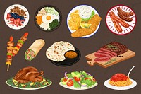 Famous international dishes, food illustration set