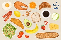 Healthy breakfast food, pastry illustration set