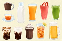 Healthy drinks, coffee & dairy beverages illustration set psd