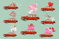 Valentine's celebration car, floating heart balloons collage art set psd