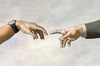 Manager and employee hand, vintage illustration inspired by the Creation of Adam, artwork of Michelangelo Buonarroti